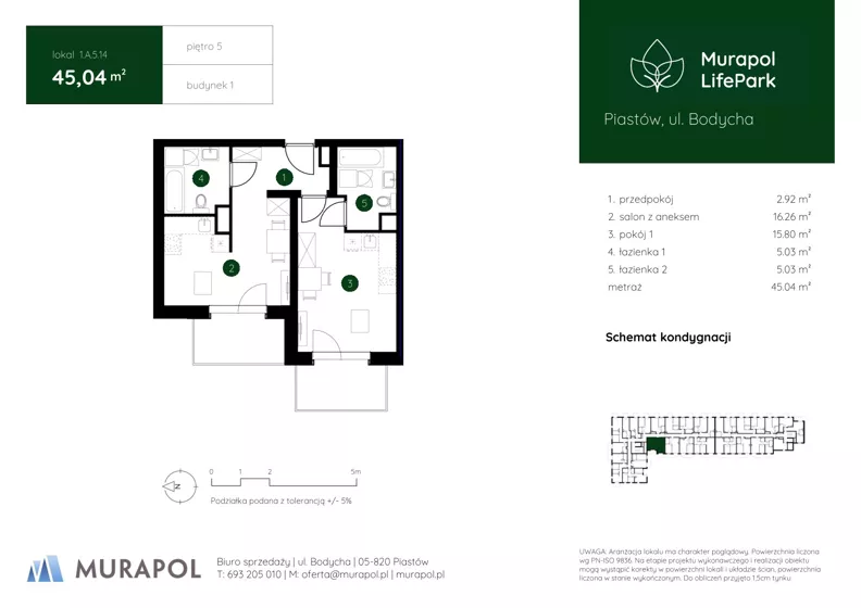 2 pokoje, mieszkanie 45,04 m², piętro 5, oferta nr 1.A.5.14, Murapol LifePark, Piastów, ul. Bodycha 