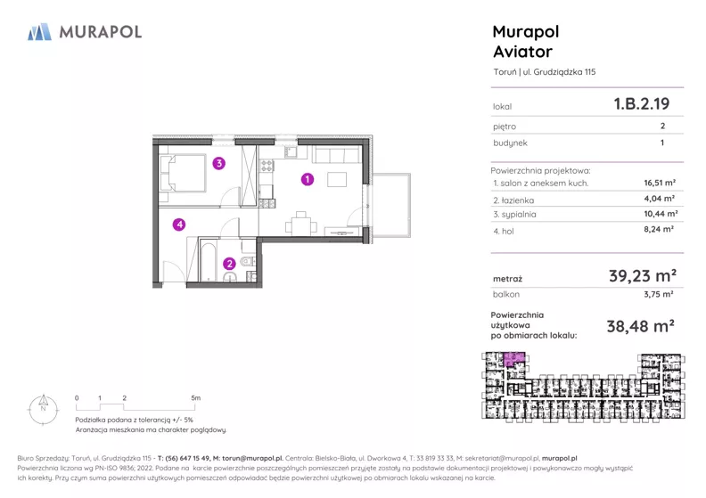 2 pokoje, apartament inwestycyjny 38,48 m², piętro 2, oferta nr 1.B.2.19, Murapol Aviator, Toruń, Koniuchy, ul. Grudziądzka