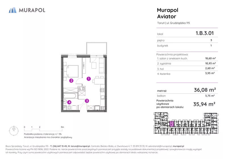 2 pokoje, apartament inwestycyjny 35,94 m², piętro 3, oferta nr 1.B.3.01, Murapol Aviator, Toruń, Koniuchy, ul. Grudziądzka