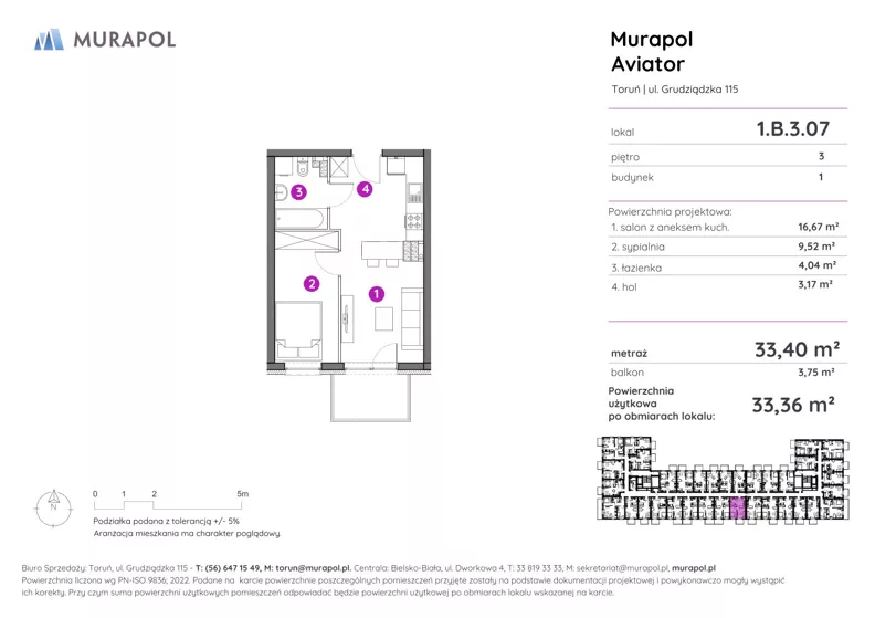 2 pokoje, apartament inwestycyjny 33,36 m², piętro 3, oferta nr 1.B.3.07, Murapol Aviator, Toruń, Koniuchy, ul. Grudziądzka