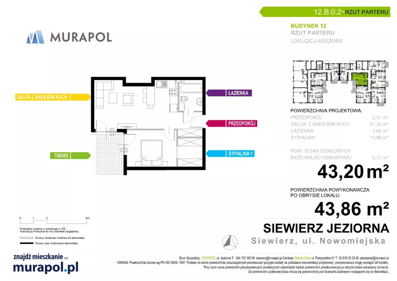 2 pokoje, mieszkanie 43,86 m², parter, oferta nr 12.B.0.2, Murapol Siewierz Jeziorna, Siewierz, ul. Jeziorna