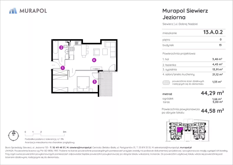 2 pokoje, mieszkanie 44,58 m², parter, oferta nr 13.A.0.2, Murapol Siewierz Jeziorna, Siewierz, ul. Jeziorna
