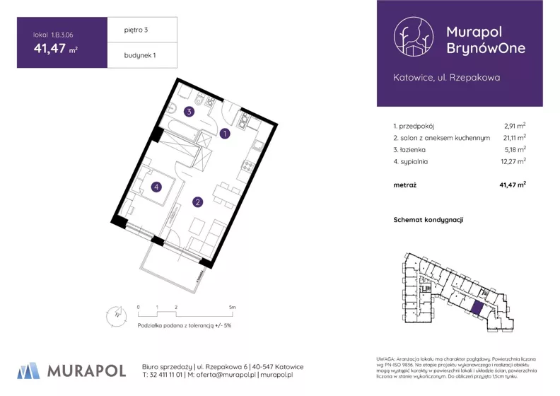 2 pokoje, mieszkanie 41,47 m², piętro 3, oferta nr 1.B.3.06, Murapol BrynówOne, Katowice, Brynów-Osiedle Zgrzebnioka, Brynów, ul. Rzepakowa