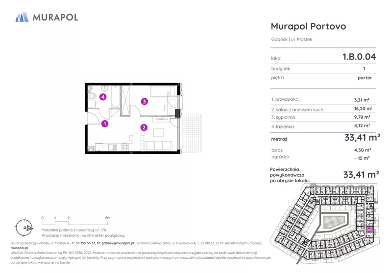 2 pokoje, apartament inwestycyjny 33,41 m², parter, oferta nr 1.B.0.04, Murapol Portovo, Gdańsk, Śródmieście, ul. Mostek
