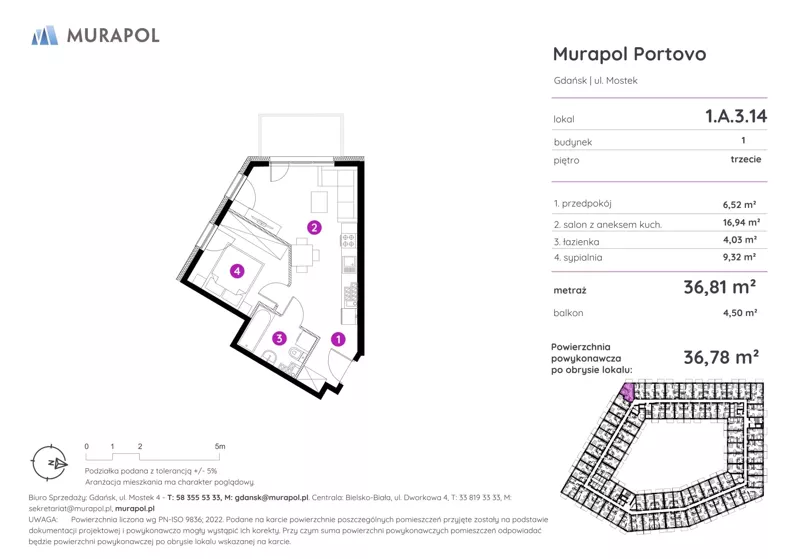 2 pokoje, apartament inwestycyjny 36,78 m², piętro 3, oferta nr 1.A.3.14, Murapol Portovo, Gdańsk, Śródmieście, ul. Mostek