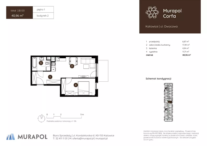 2 pokoje, mieszkanie 40,96 m², piętro 1, oferta nr 2.B.1.03, Murapol Corfa, Katowice, Wełnowiec-Józefowiec, Wełnowiec, ul. Owocowa