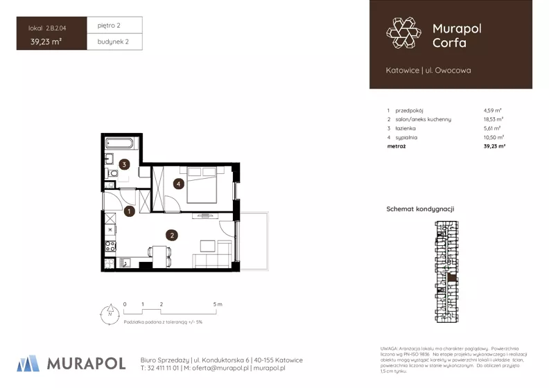 2 pokoje, mieszkanie 39,23 m², piętro 2, oferta nr 2.B.2.04, Murapol Corfa, Katowice, Wełnowiec-Józefowiec, Wełnowiec, ul. Owocowa