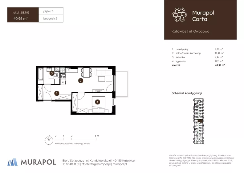 2 pokoje, mieszkanie 40,96 m², piętro 3, oferta nr 2.B.3.03, Murapol Corfa, Katowice, Wełnowiec-Józefowiec, Wełnowiec, ul. Owocowa