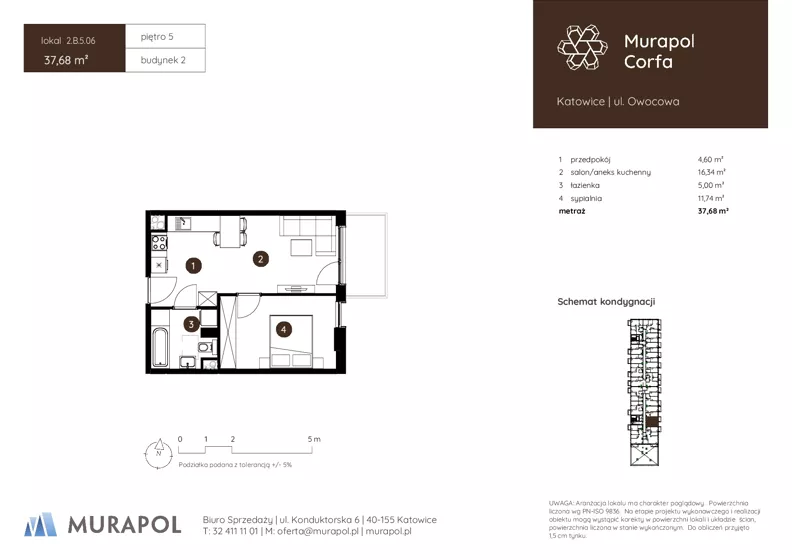 2 pokoje, mieszkanie 37,68 m², piętro 5, oferta nr 2.B.5.06, Murapol Corfa, Katowice, Wełnowiec-Józefowiec, Wełnowiec, ul. Owocowa