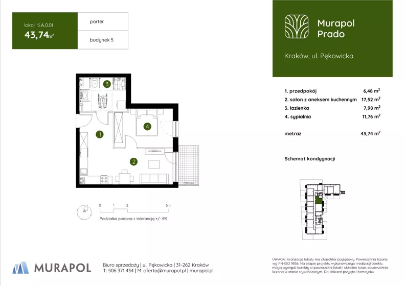 2 pokoje, mieszkanie 43,74 m², parter, oferta nr 5.A.0.01, Murapol Prado - Etap II, Kraków, Prądnik Biały, ul. Piaszczysta