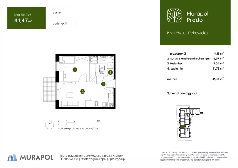2 pokoje, mieszkanie 41,47 m², parter, oferta nr 5.B.0.05, Murapol Prado - Etap II, Kraków, Prądnik Biały, ul. Piaszczysta