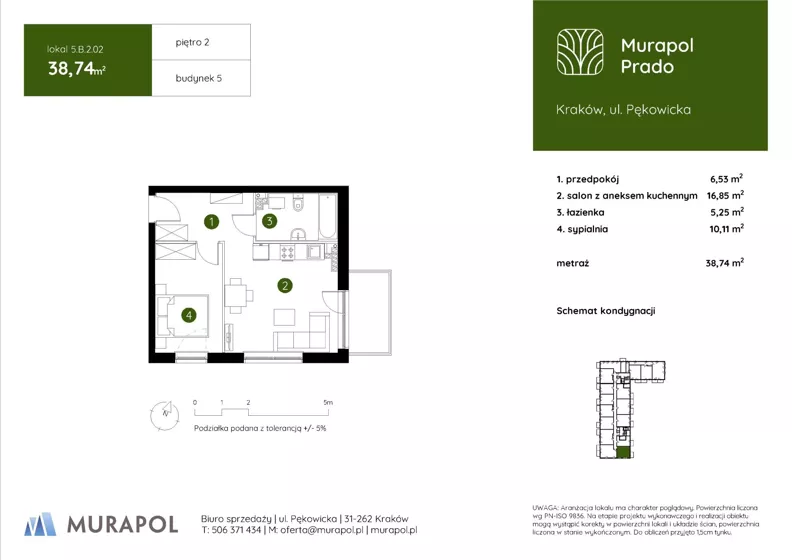 2 pokoje, mieszkanie 38,74 m², piętro 2, oferta nr 5.B.2.02, Murapol Prado - Etap II, Kraków, Prądnik Biały, ul. Piaszczysta