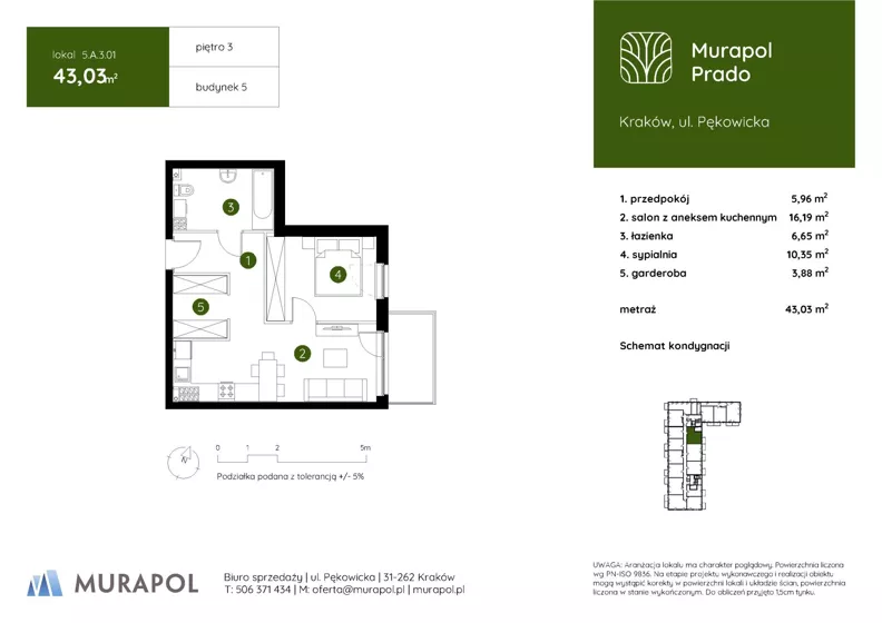 2 pokoje, mieszkanie 43,03 m², piętro 3, oferta nr 5.A.3.01, Murapol Prado - Etap II, Kraków, Prądnik Biały, ul. Piaszczysta