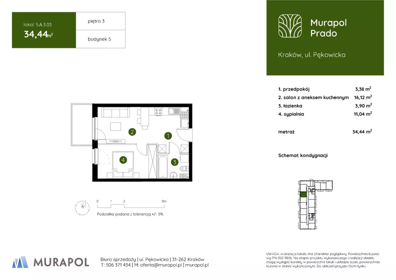 2 pokoje, mieszkanie 34,44 m², piętro 3, oferta nr 5.A.3.03, Murapol Prado - Etap II, Kraków, Prądnik Biały, ul. Piaszczysta