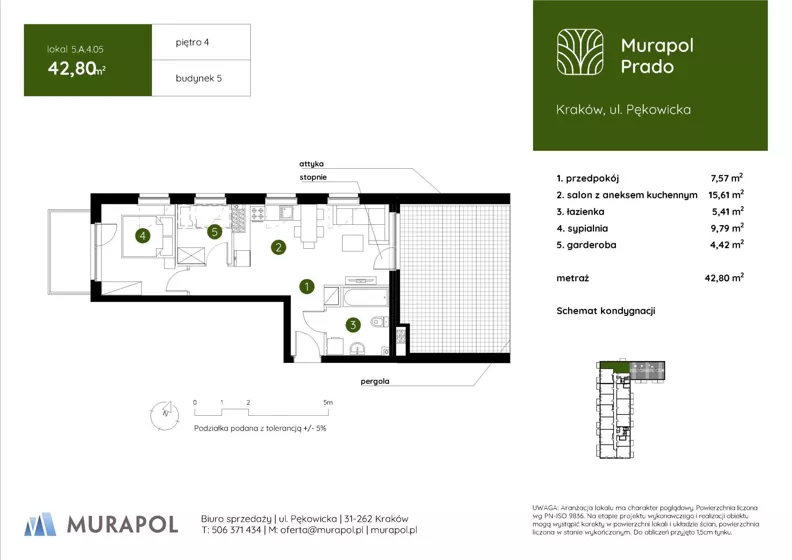 2 pokoje, mieszkanie 42,80 m², piętro 4, oferta nr 5.A.4.05, Murapol Prado - Etap II, Kraków, Prądnik Biały, ul. Piaszczysta
