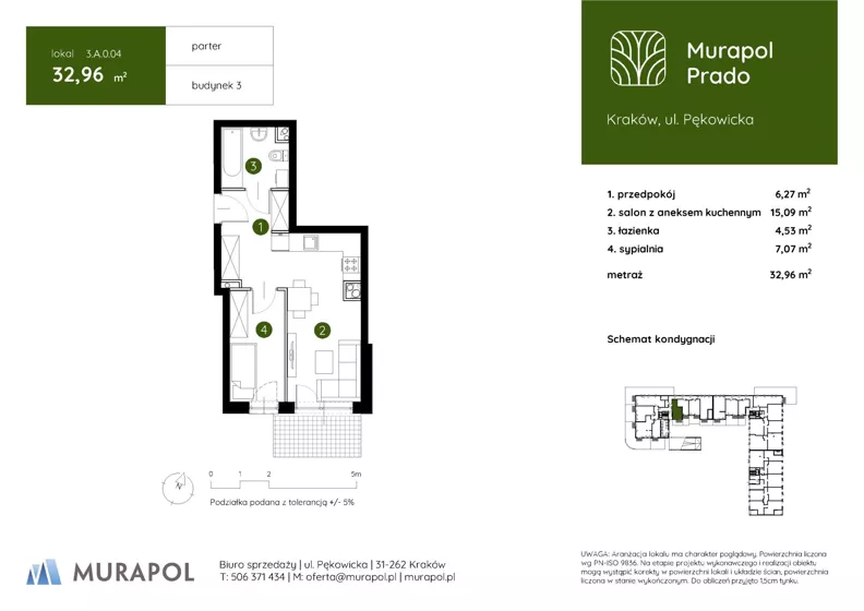 2 pokoje, mieszkanie 32,96 m², parter, oferta nr 3.A.0.04, Murapol Prado - Etap II, Kraków, Prądnik Biały, ul. Piaszczysta