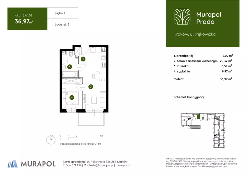2 pokoje, mieszkanie 36,97 m², piętro 1, oferta nr 3.A.1.02, Murapol Prado - Etap II, Kraków, Prądnik Biały, ul. Piaszczysta
