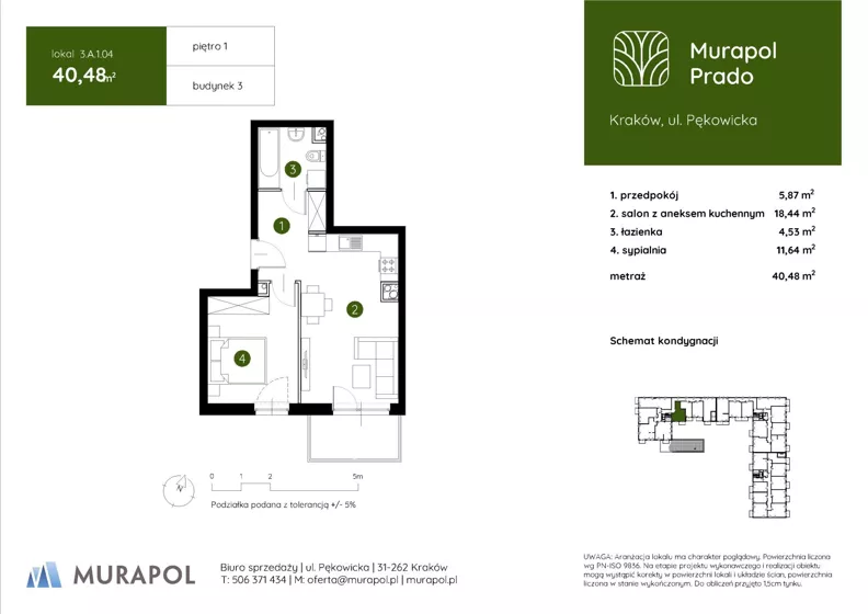 2 pokoje, mieszkanie 40,48 m², piętro 1, oferta nr 3.A.1.04, Murapol Prado - Etap II, Kraków, Prądnik Biały, ul. Piaszczysta