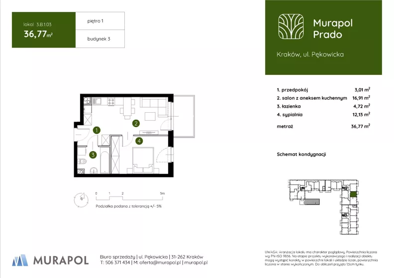 2 pokoje, mieszkanie 36,77 m², piętro 1, oferta nr 3.B.1.03, Murapol Prado - Etap II, Kraków, Prądnik Biały, ul. Piaszczysta