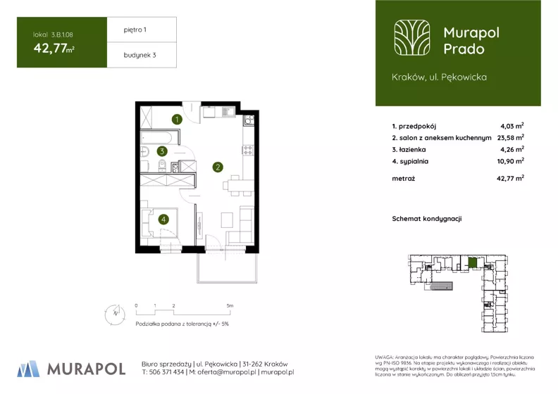2 pokoje, mieszkanie 42,77 m², piętro 1, oferta nr 3.B.1.08, Murapol Prado - Etap II, Kraków, Prądnik Biały, ul. Piaszczysta