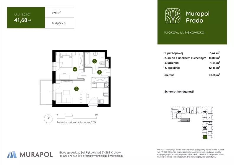 2 pokoje, mieszkanie 41,68 m², piętro 1, oferta nr 3.C.1.07, Murapol Prado - Etap II, Kraków, Prądnik Biały, ul. Piaszczysta