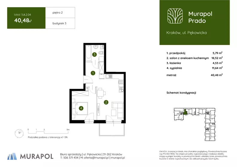 2 pokoje, mieszkanie 40,48 m², piętro 2, oferta nr 3.A.2.04, Murapol Prado - Etap II, Kraków, Prądnik Biały, ul. Piaszczysta