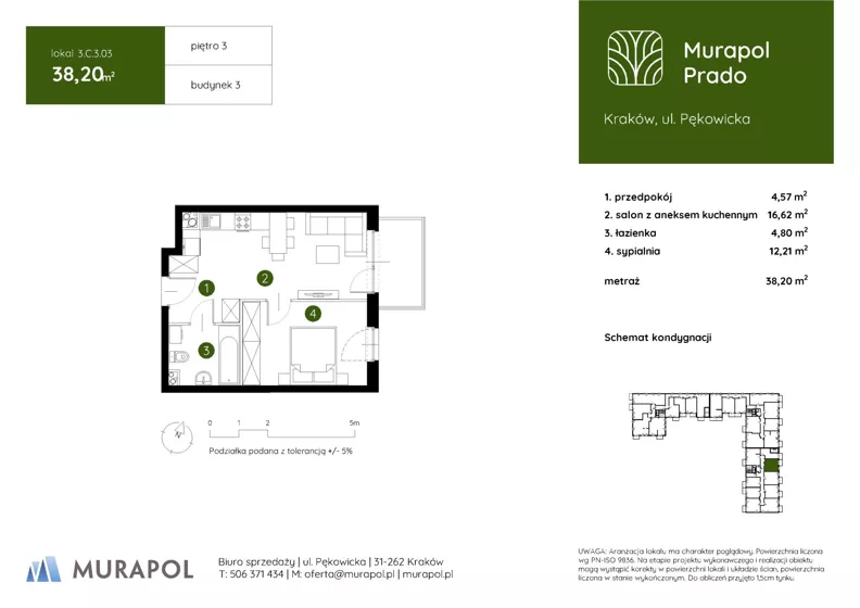 2 pokoje, mieszkanie 38,20 m², piętro 3, oferta nr 3.C.3.03, Murapol Prado - Etap II, Kraków, Prądnik Biały, ul. Piaszczysta