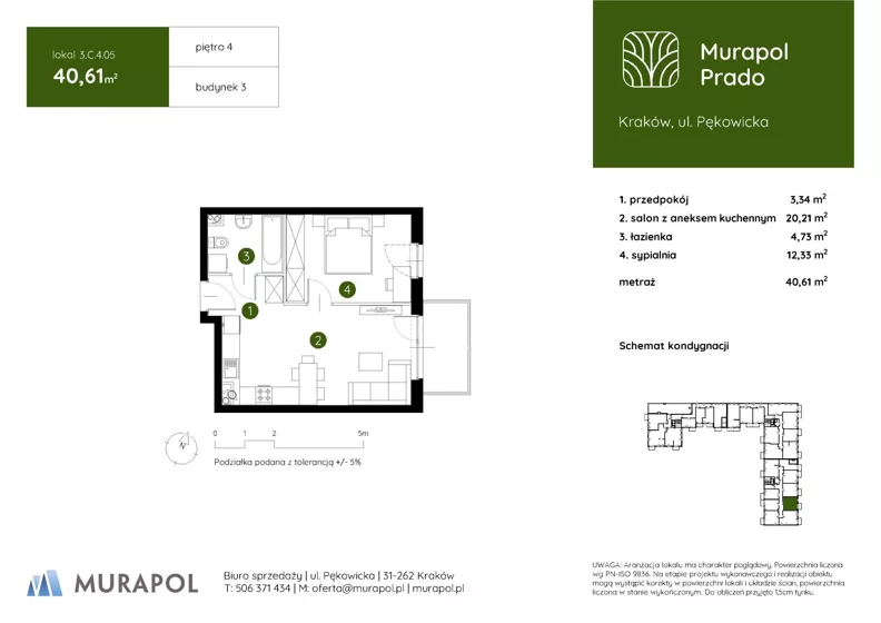 2 pokoje, mieszkanie 40,61 m², piętro 4, oferta nr 3.C.4.05, Murapol Prado - Etap II, Kraków, Prądnik Biały, ul. Piaszczysta