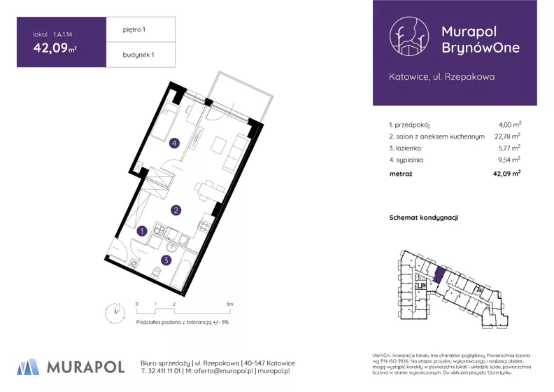 2 pokoje, mieszkanie 42,09 m², piętro 1, oferta nr 1.A.1.14, Murapol BrynówOne, Katowice, Brynów-Osiedle Zgrzebnioka, Brynów, ul. Rzepakowa