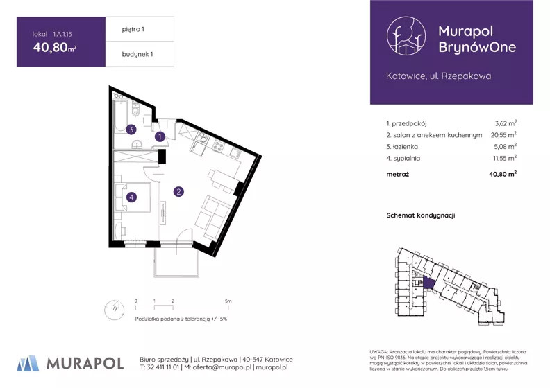 2 pokoje, mieszkanie 40,80 m², piętro 1, oferta nr 1.A.1.15, Murapol BrynówOne, Katowice, Brynów-Osiedle Zgrzebnioka, Brynów, ul. Rzepakowa
