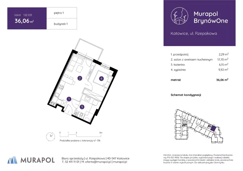 2 pokoje, mieszkanie 36,06 m², piętro 1, oferta nr 1.B.1.01, Murapol BrynówOne, Katowice, Brynów-Osiedle Zgrzebnioka, Brynów, ul. Rzepakowa