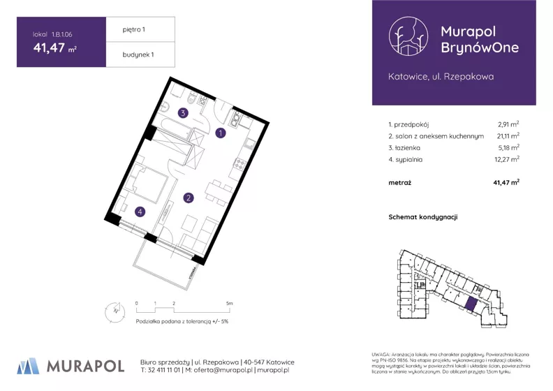 2 pokoje, mieszkanie 41,47 m², piętro 1, oferta nr 1.B.1.06, Murapol BrynówOne, Katowice, Brynów-Osiedle Zgrzebnioka, Brynów, ul. Rzepakowa