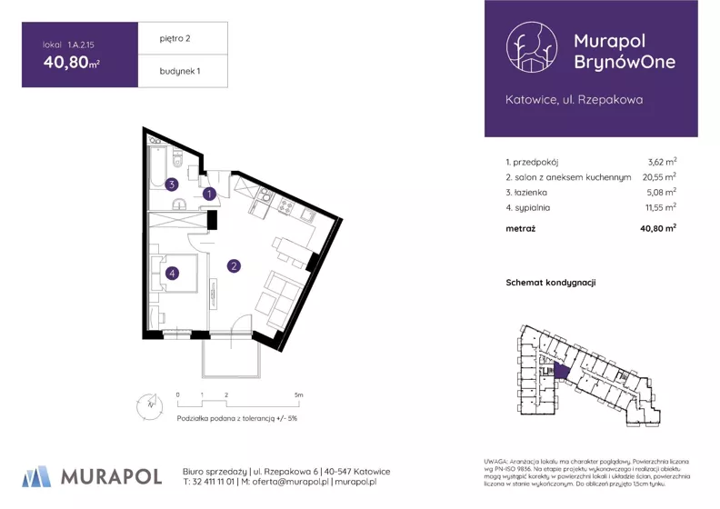2 pokoje, mieszkanie 40,80 m², piętro 2, oferta nr 1.A.2.15, Murapol BrynówOne, Katowice, Brynów-Osiedle Zgrzebnioka, Brynów, ul. Rzepakowa