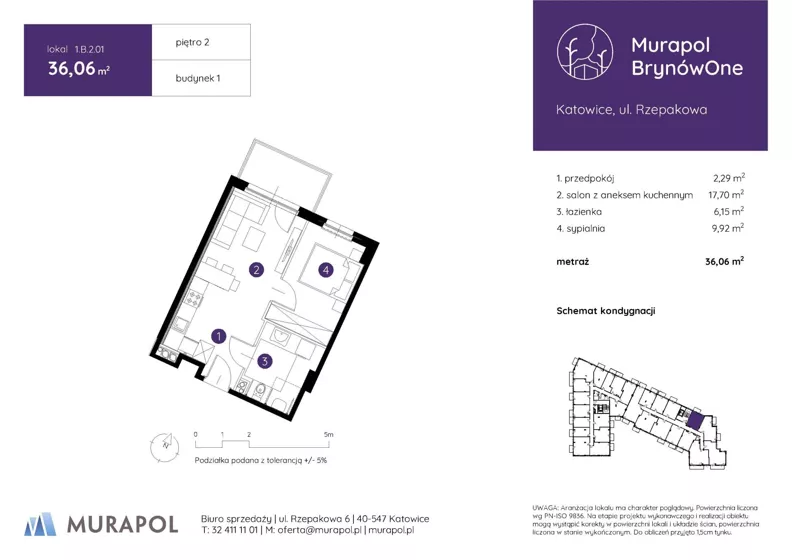 2 pokoje, mieszkanie 36,06 m², piętro 2, oferta nr 1.B.2.01, Murapol BrynówOne, Katowice, Brynów-Osiedle Zgrzebnioka, Brynów, ul. Rzepakowa