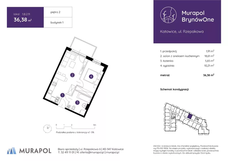 2 pokoje, mieszkanie 36,38 m², piętro 2, oferta nr 1.B.2.11, Murapol BrynówOne, Katowice, Brynów-Osiedle Zgrzebnioka, Brynów, ul. Rzepakowa