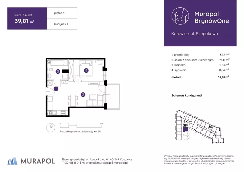 2 pokoje, mieszkanie 39,81 m², piętro 3, oferta nr 1.A.3.01, Murapol BrynówOne, Katowice, Brynów-Osiedle Zgrzebnioka, Brynów, ul. Rzepakowa