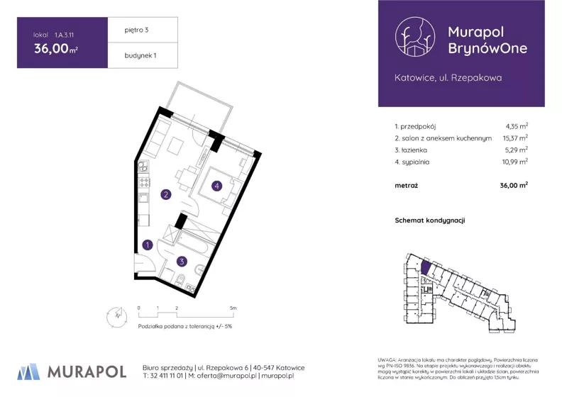 2 pokoje, mieszkanie 36,00 m², piętro 3, oferta nr 1.A.3.11, Murapol BrynówOne, Katowice, Brynów-Osiedle Zgrzebnioka, Brynów, ul. Rzepakowa