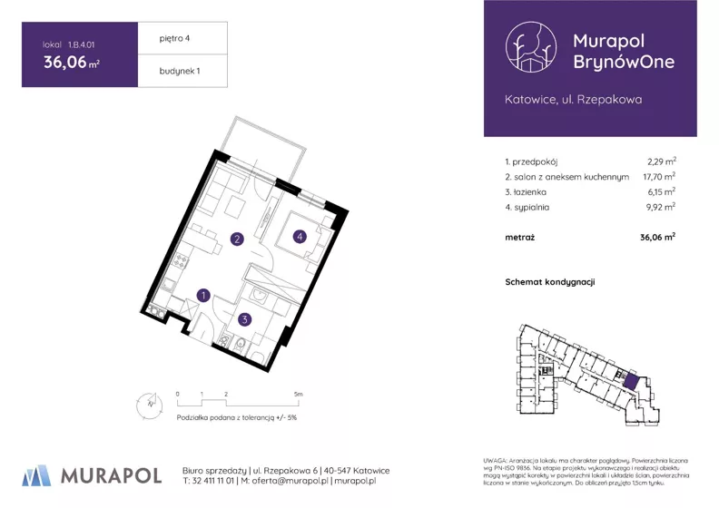 2 pokoje, mieszkanie 36,06 m², piętro 4, oferta nr 1.B.4.01, Murapol BrynówOne, Katowice, Brynów-Osiedle Zgrzebnioka, Brynów, ul. Rzepakowa