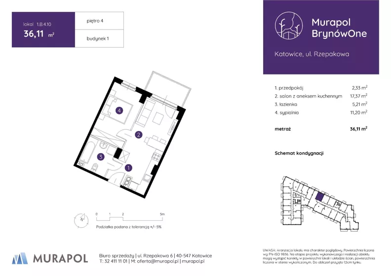 2 pokoje, mieszkanie 36,11 m², piętro 4, oferta nr 1.B.4.10, Murapol BrynówOne, Katowice, Brynów-Osiedle Zgrzebnioka, Brynów, ul. Rzepakowa