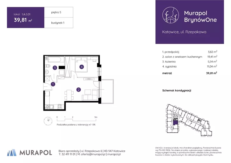 2 pokoje, mieszkanie 39,81 m², piętro 5, oferta nr 1.A.5.01, Murapol BrynówOne, Katowice, Brynów-Osiedle Zgrzebnioka, Brynów, ul. Rzepakowa