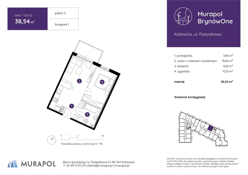 2 pokoje, mieszkanie 38,54 m², piętro 5, oferta nr 1.B.5.12, Murapol BrynówOne, Katowice, Brynów-Osiedle Zgrzebnioka, Brynów, ul. Rzepakowa
