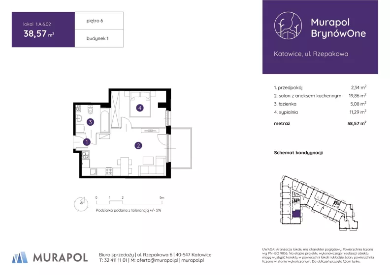 2 pokoje, mieszkanie 38,57 m², piętro 6, oferta nr 1.A.6.02, Murapol BrynówOne, Katowice, Brynów-Osiedle Zgrzebnioka, Brynów, ul. Rzepakowa