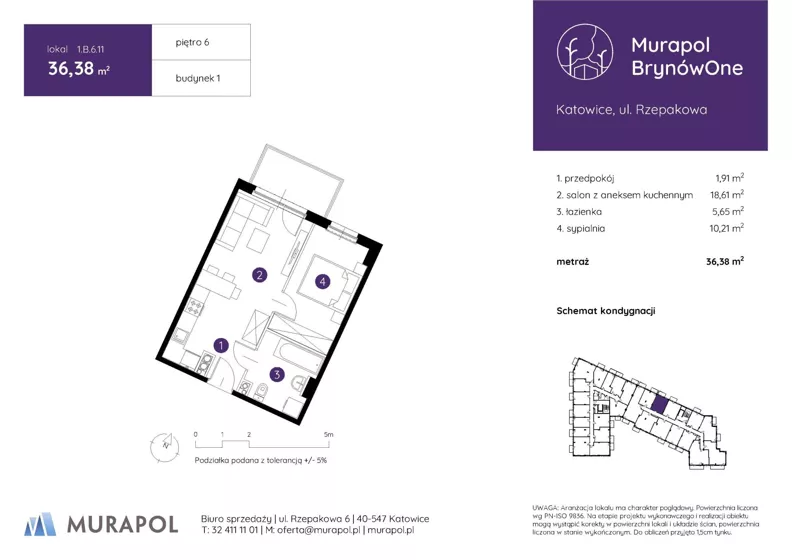 2 pokoje, mieszkanie 36,38 m², piętro 6, oferta nr 1.B.6.11, Murapol BrynówOne, Katowice, Brynów-Osiedle Zgrzebnioka, Brynów, ul. Rzepakowa