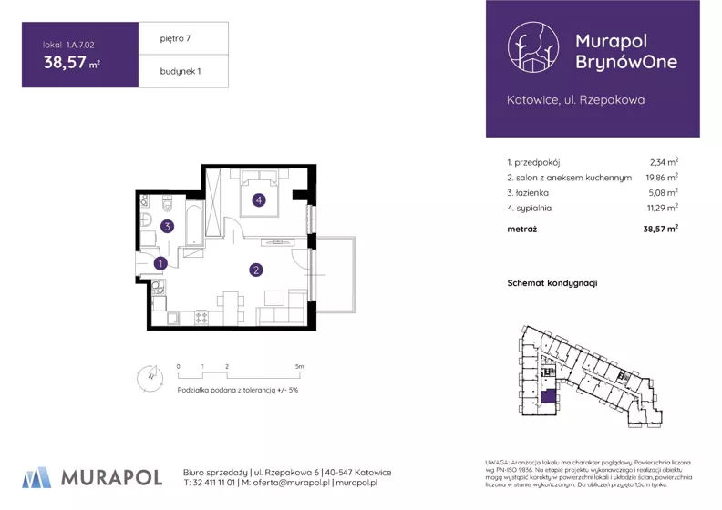 2 pokoje, mieszkanie 38,57 m², piętro 7, oferta nr 1.A.7.02, Murapol BrynówOne, Katowice, Brynów-Osiedle Zgrzebnioka, Brynów, ul. Rzepakowa