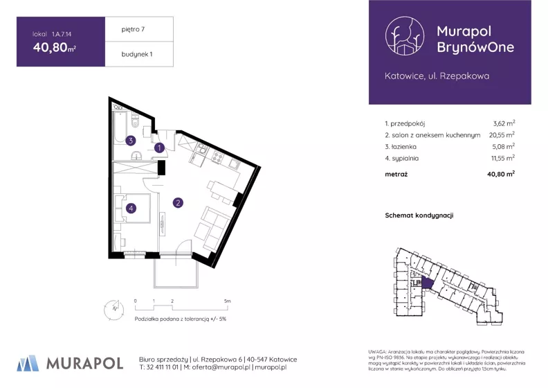 2 pokoje, mieszkanie 40,80 m², piętro 7, oferta nr 1.A.7.14, Murapol BrynówOne, Katowice, Brynów-Osiedle Zgrzebnioka, Brynów, ul. Rzepakowa