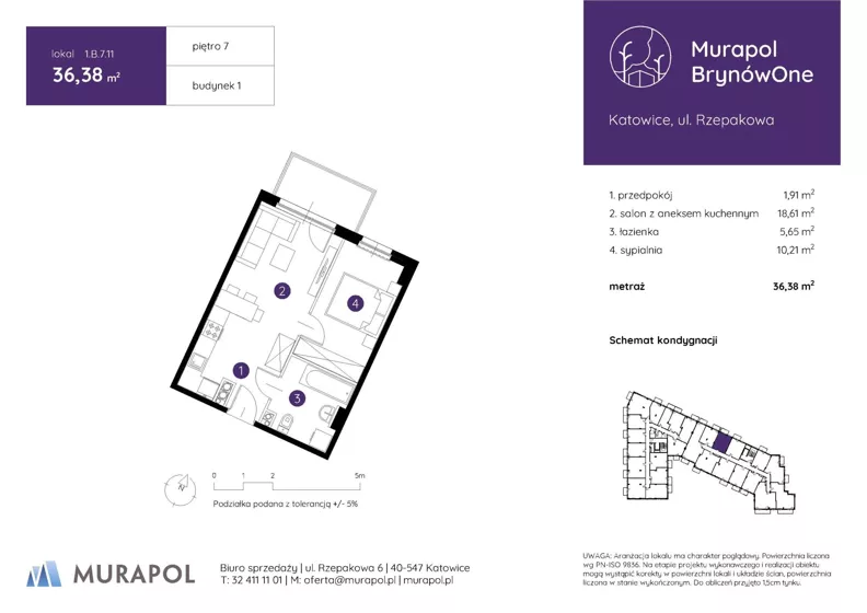 2 pokoje, mieszkanie 36,38 m², piętro 7, oferta nr 1.B.7.11, Murapol BrynówOne, Katowice, Brynów-Osiedle Zgrzebnioka, Brynów, ul. Rzepakowa