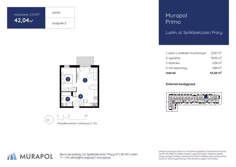 2 pokoje, mieszkanie 42,04 m², parter, oferta nr 2.A.0.07, Murapol Primo, Lublin, Ponikwoda, Bazylianówka, al. Spółdzielczości Pracy