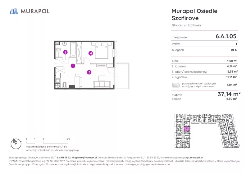 2 pokoje, mieszkanie 37,14 m², piętro 1, oferta nr 6.A.1.05, Murapol Osiedle Szafirove, Gliwice, Stare Gliwice, ul. Szafirowa