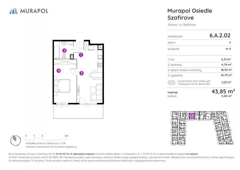 2 pokoje, mieszkanie 43,85 m², piętro 2, oferta nr 6.A.2.02, Murapol Osiedle Szafirove, Gliwice, Stare Gliwice, ul. Szafirowa