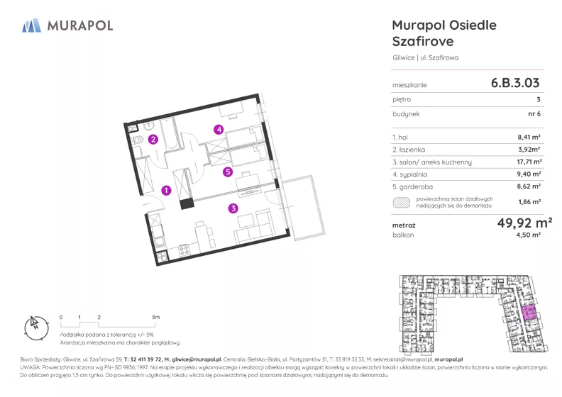 2 pokoje, mieszkanie 49,92 m², piętro 3, oferta nr 6.B.3.03, Murapol Osiedle Szafirove, Gliwice, Stare Gliwice, ul. Szafirowa
